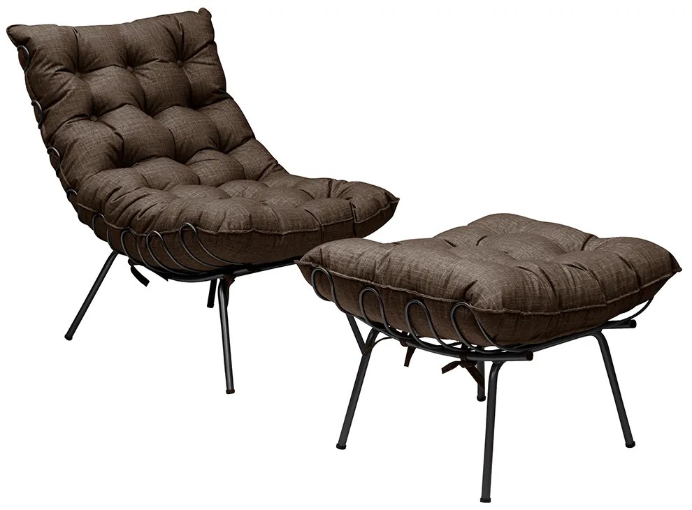 Conjunto Decorativo Poltrona e Puff Abel Base de Ferro Preto Linho Marrom G41 - Gran Belo