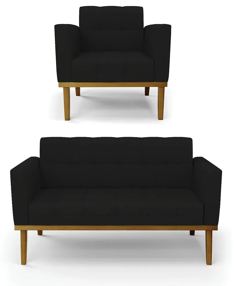 Conjunto Poltrona e Namoradeira Decorativas Karen Pés Fixo em Madeira Castanho Linho Preto G19 - Gran Belo