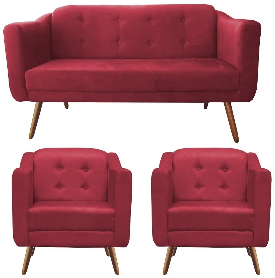 Kit Namoradeira + 2 Poltronas Bruna Pé Palito Suede Vermelho