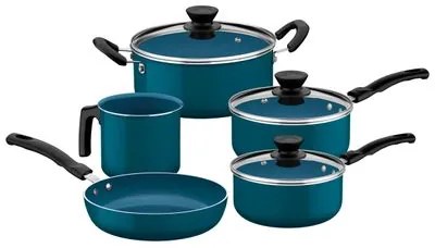 Jogo de Panelas Tramontina Évora em Alumínio com Revestimento Interno Cerâmico e Externo de Silicone Azul 5 Peças