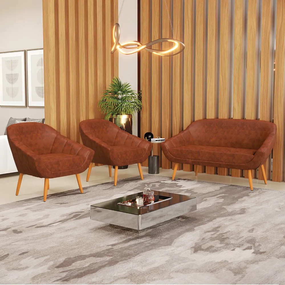 Kit 01 Namoradeira 02 Lugares e 02 Poltronas Giovana Corano Nozes Pés Palito Castanho - Indo Decorar