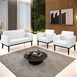 Sofá Namoradeira e 2 Poltronas Base Madeira Preto Maressa Sintético PU