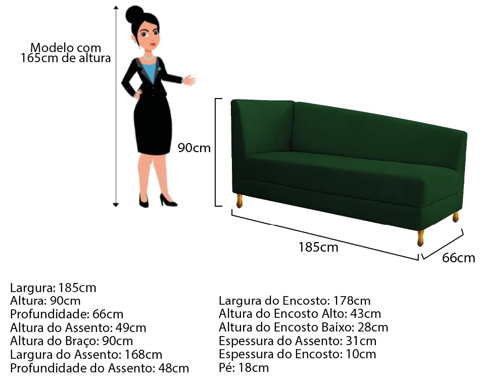 Recamier Valéria 185cm Lado Esquerdo Suede Verde - ADJ Decor