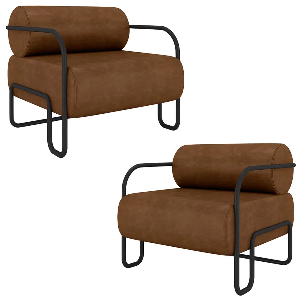 Kit 2 Poltronas Decorativas Sala de Estar Polatsk Base Industrial de Ferro PU Marrom G33 - Gran Belo