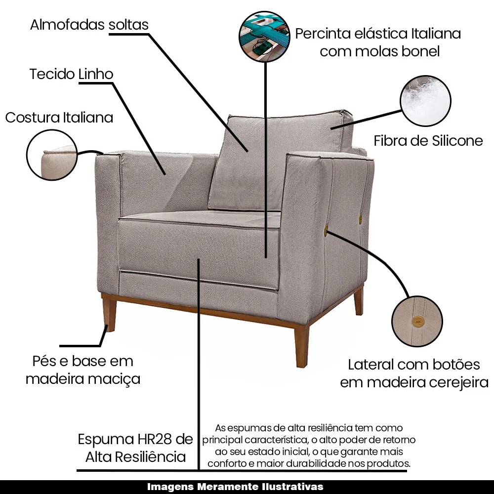 Kit 2 Poltronas Decorativas Pés em Madeira Tarantino Linho Areia Rústico G63 - Gran Belo