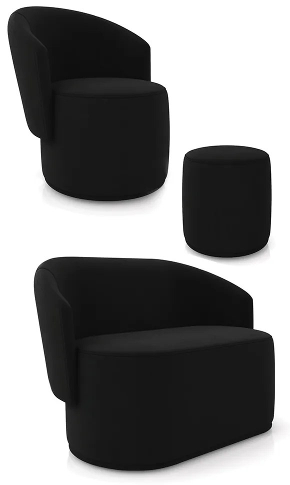 Sofá Namoradeira com Poltrona e Puff Orgânico Sala Malu Suede M11 - D'Rossi - Preto