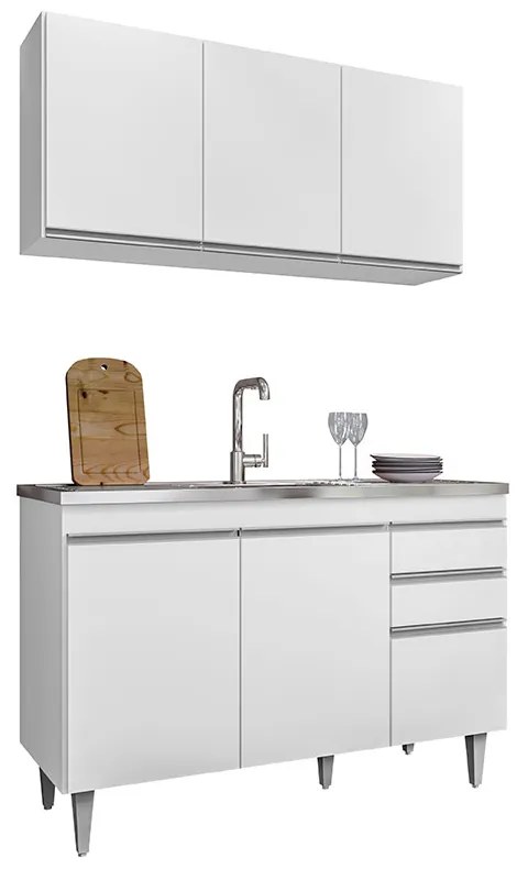 Conjunto Balcão de Cozinha para Pia Pursat Armário Aéreo MDP/BP Branco G96 - Gran Belo