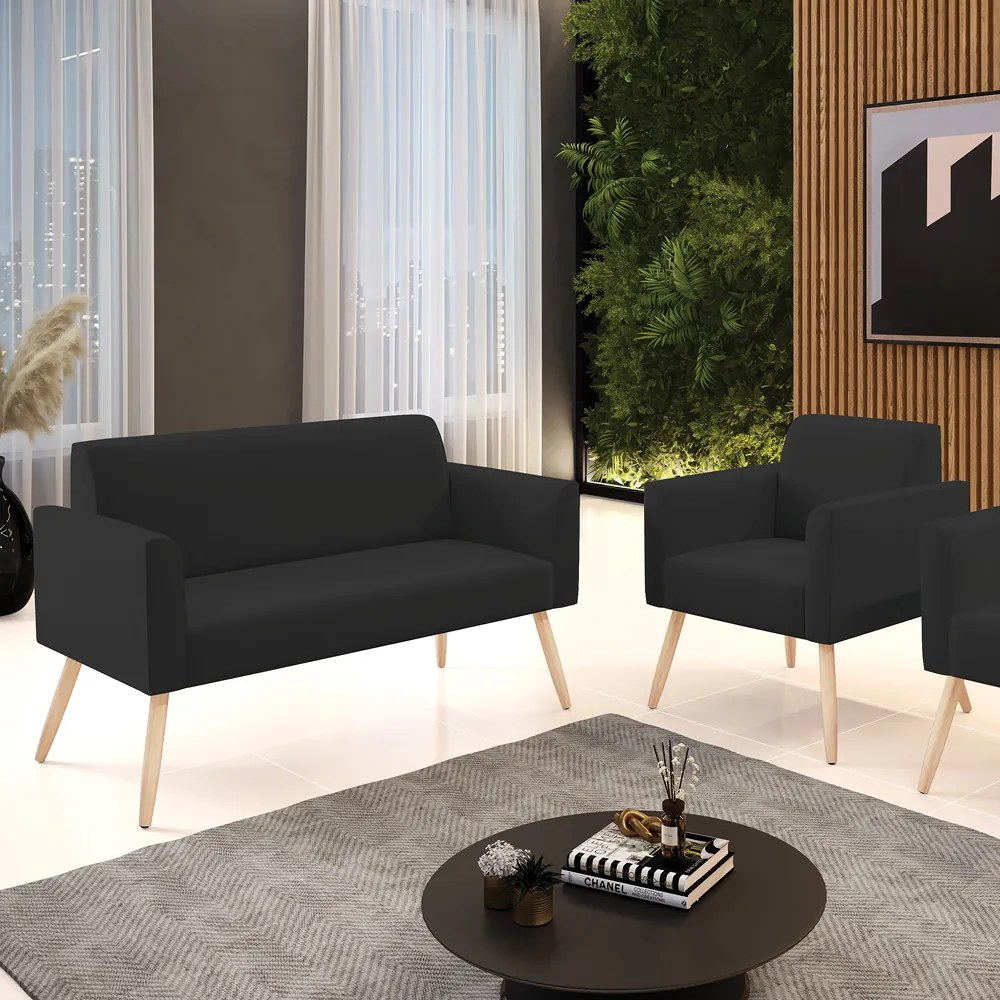 Sofá Namoradeira com Poltrona Pés Palito Natural Marisa Veludo D03 - D'Rossi - Preto