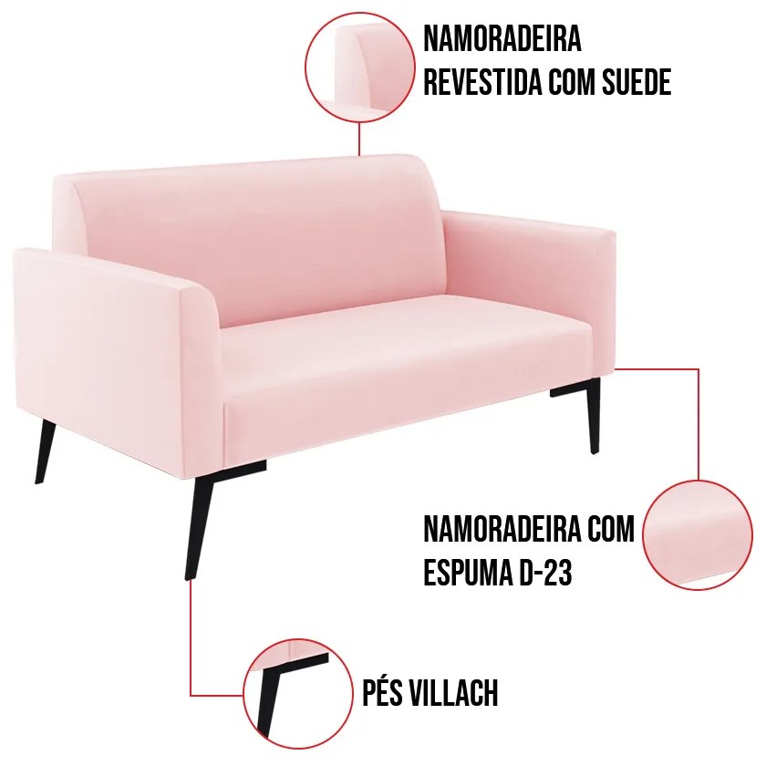 Sofá Namoradeira com 2 Poltronas Pés Villach Marisa Suede D03 - D'Rossi - Rosa Bebê
