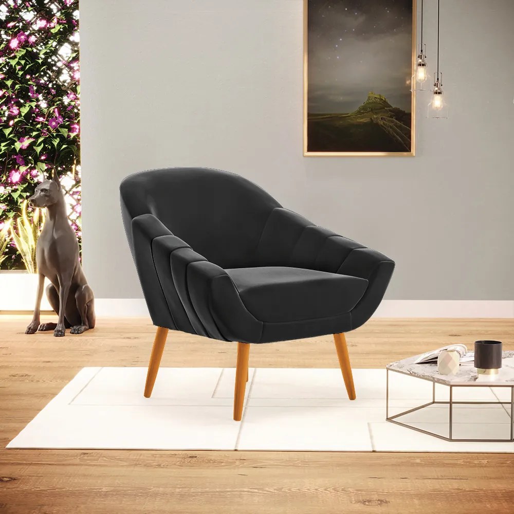 Kit 02 Poltronas Giovana Suede Preto Pés Palito Castanho - Indo Decorar