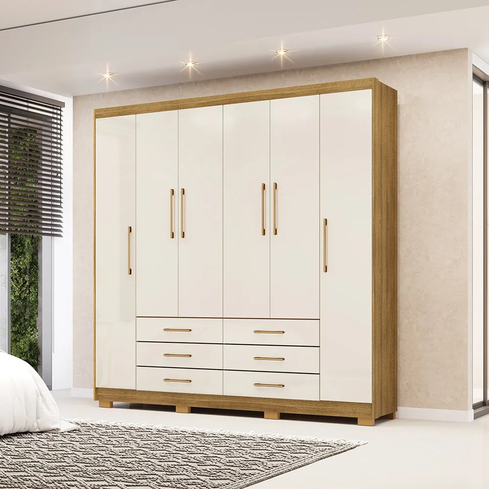 Guarda Roupa Dunas Casal 6 Portas de Bater 6 Gavetas MDF Nature/OffWhite G98 - Gran Belo