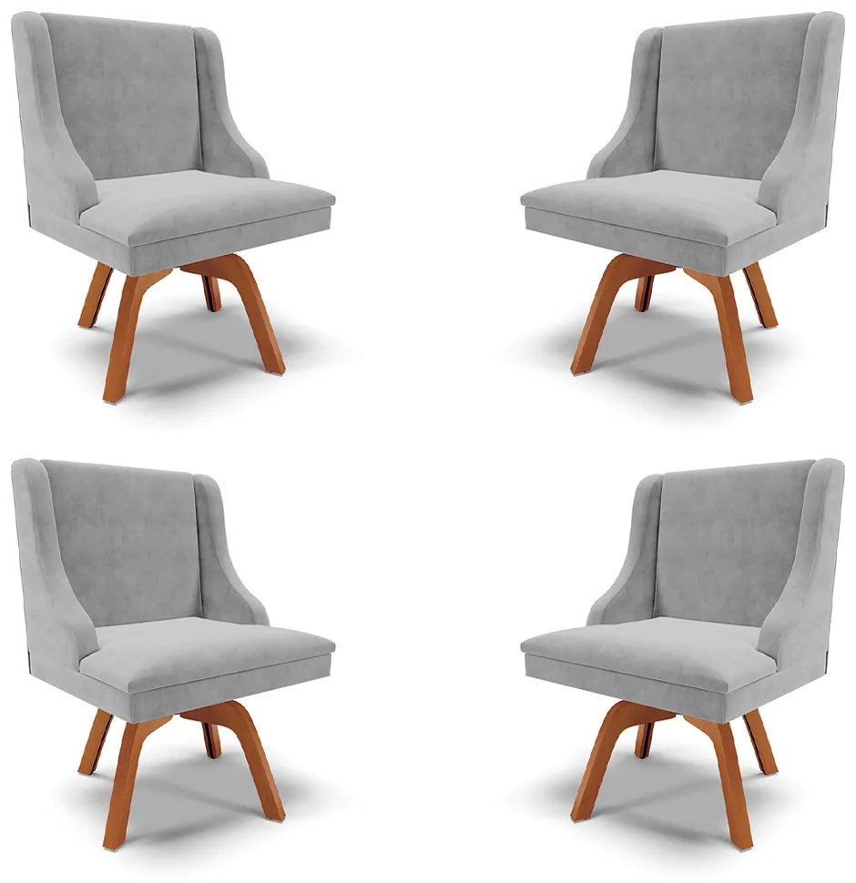 Kit 4 Cadeiras Decorativas Sala de Jantar Base Giratória de Madeira Firenze Suede Cinza/Natural G19 - Gran Belo
