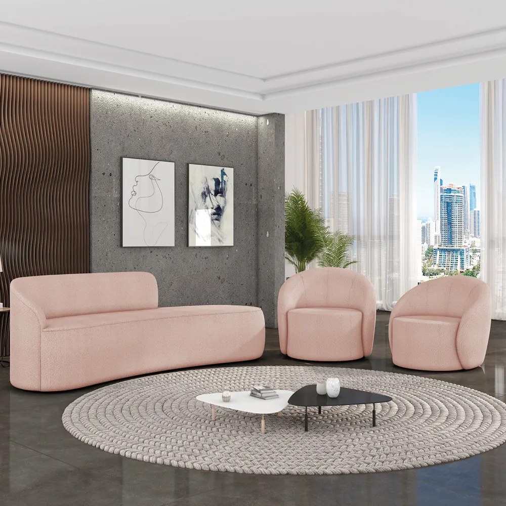 Sofá 4 Lugares Orgânico 220cm Morgan e 2 Poltronas Lua Bouclê D03 - D'Rossi - Rose