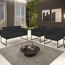 Sofá Namoradeira e 2 Poltronas Base Industrial Preto Ana Veludo Preto