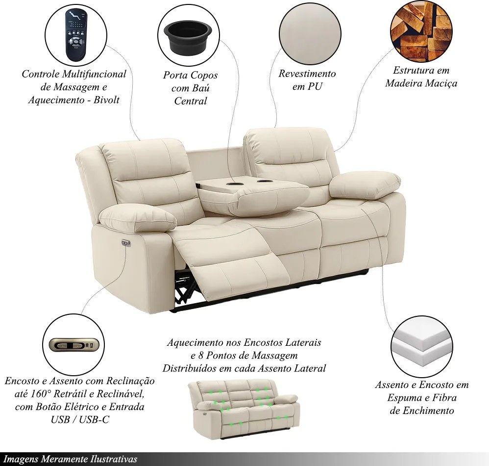 Conjunto Poltronas 2 e 3 Lugares Elétricas Sala de Cinema Hollywood com Massagem Aquecimento Entrada USB/USB-C PU Bege G94 - Gran Belo