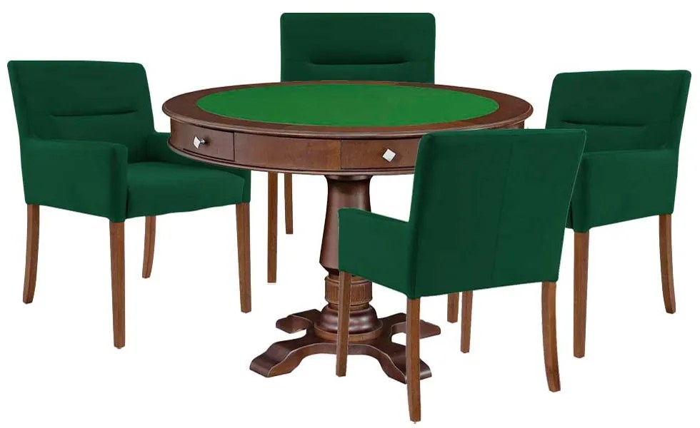 Mesa de Jogos Carteado Victoria Redonda Tampo Reversível Imbuia com Kit 4 Cadeiras Vicenza Verde G36 G15 - Gran Belo