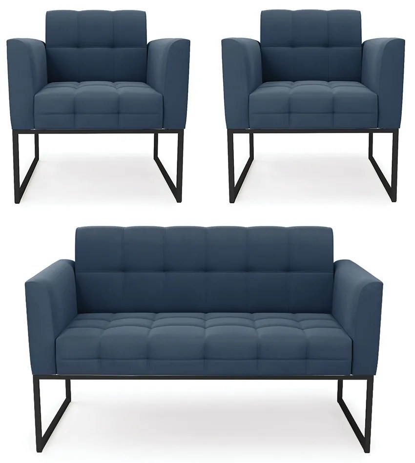 Kit 1 Sofá Namoradeira e 2 Poltronas Elisa Suede Azul Marinho Base Metálica Industrial Preto - D'Rossi