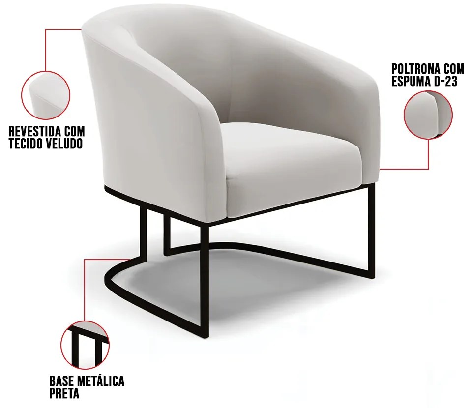 Poltrona Stella Veludo Base Industrial Preto D03 - D'Rossi - Cinza