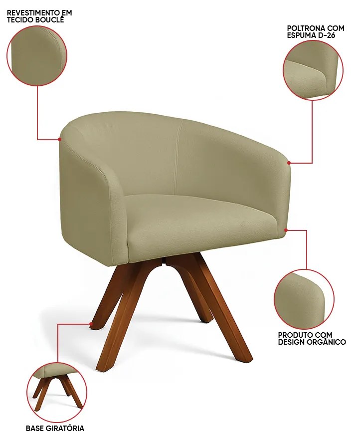 Poltrona Sala Base Giratória Madeira Arielle Bouclê D03 - D'Rossi - Pistache