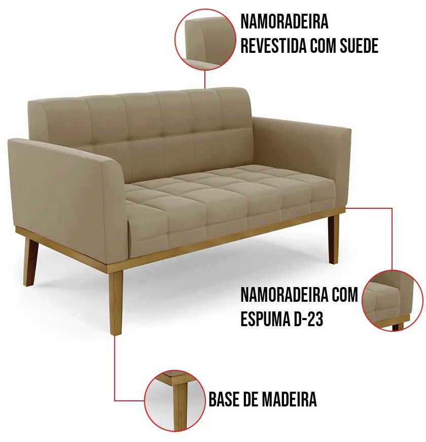 Sofá Namoradeira Base de Madeira Castanho Elisa Suede D03 - D'Rossi  - Marrom Rato