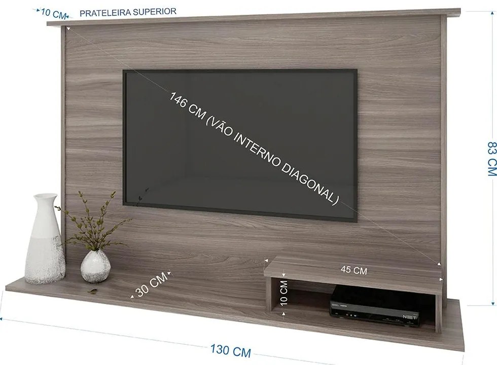 Painel Para TV Até 47" 1 Nicho 2 Prateleiras Cinza Carvalho