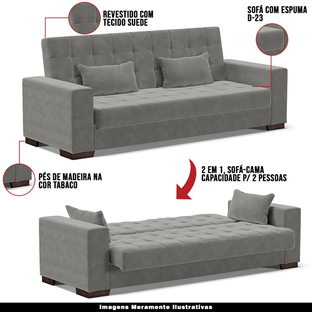 Sofá Cama Decorativo 210cm Beesley Suede Grafite G19 - Gran Belo