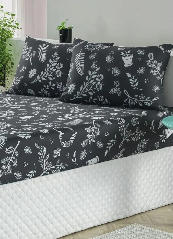 Jogo de Cama Malha Floral Preto Queen 3 Peças