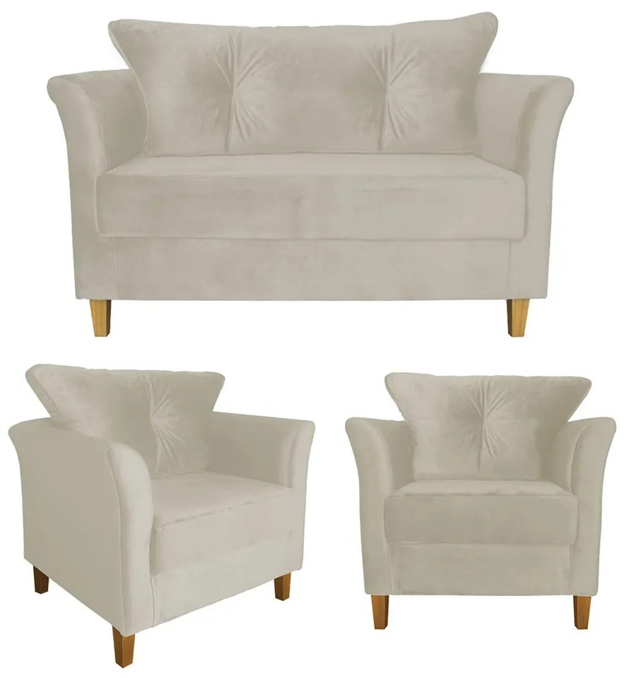 Kit Sofá Namoradeira + 2 Poltronas Ibis Decorativa Suede Bege