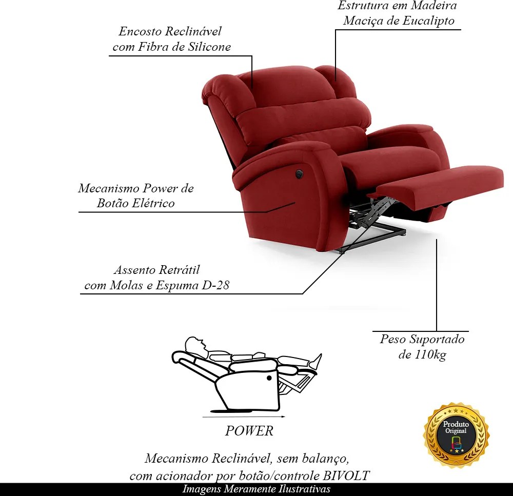 Poltrona do Papai Sala de Cinema Reclinável Kylie Power Elétrica Veludo Vermelho G23
