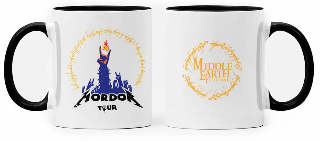 Caneca Mordor Tour Senhor dos Anéis Branca com Alça Preta