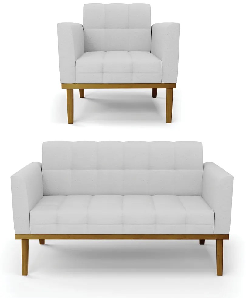 Conjunto Poltrona e Namoradeira Decorativas Karen Pés Fixo em Madeira Castanho Linho Cinza G19 - Gran Belo