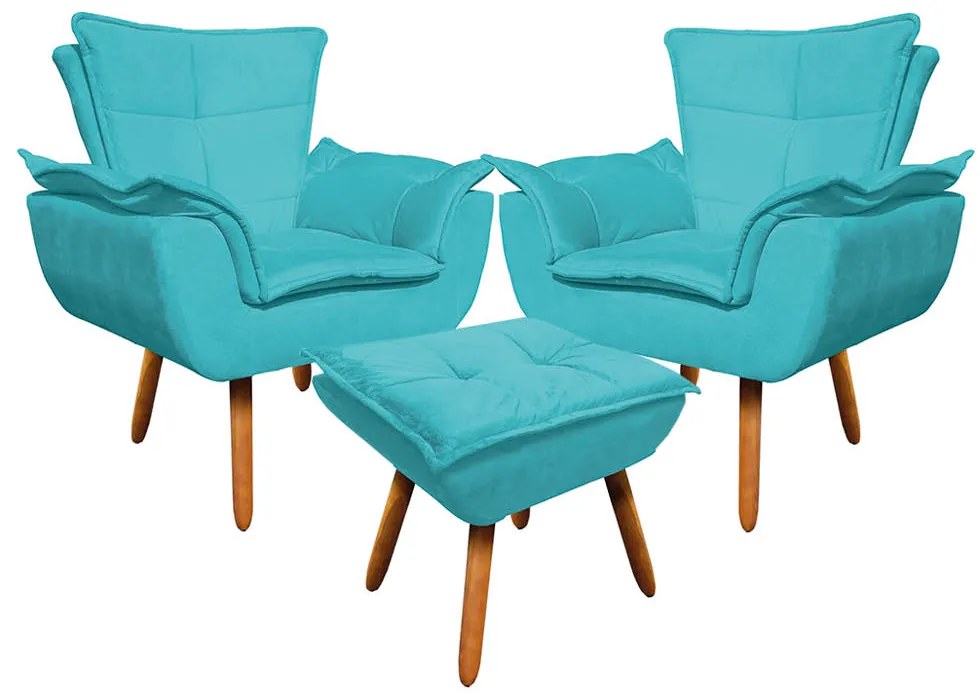 02 Poltronas e 01 Puff Pé Palito de Madeira Opala Suede - Azul Turquesa