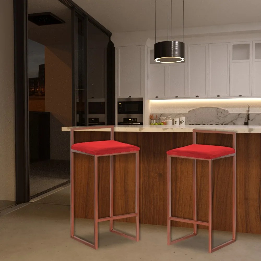 Kit 2 Banqueta Decorativa Selena Base Bronze Suede Vermelho G41 - Gran Belo