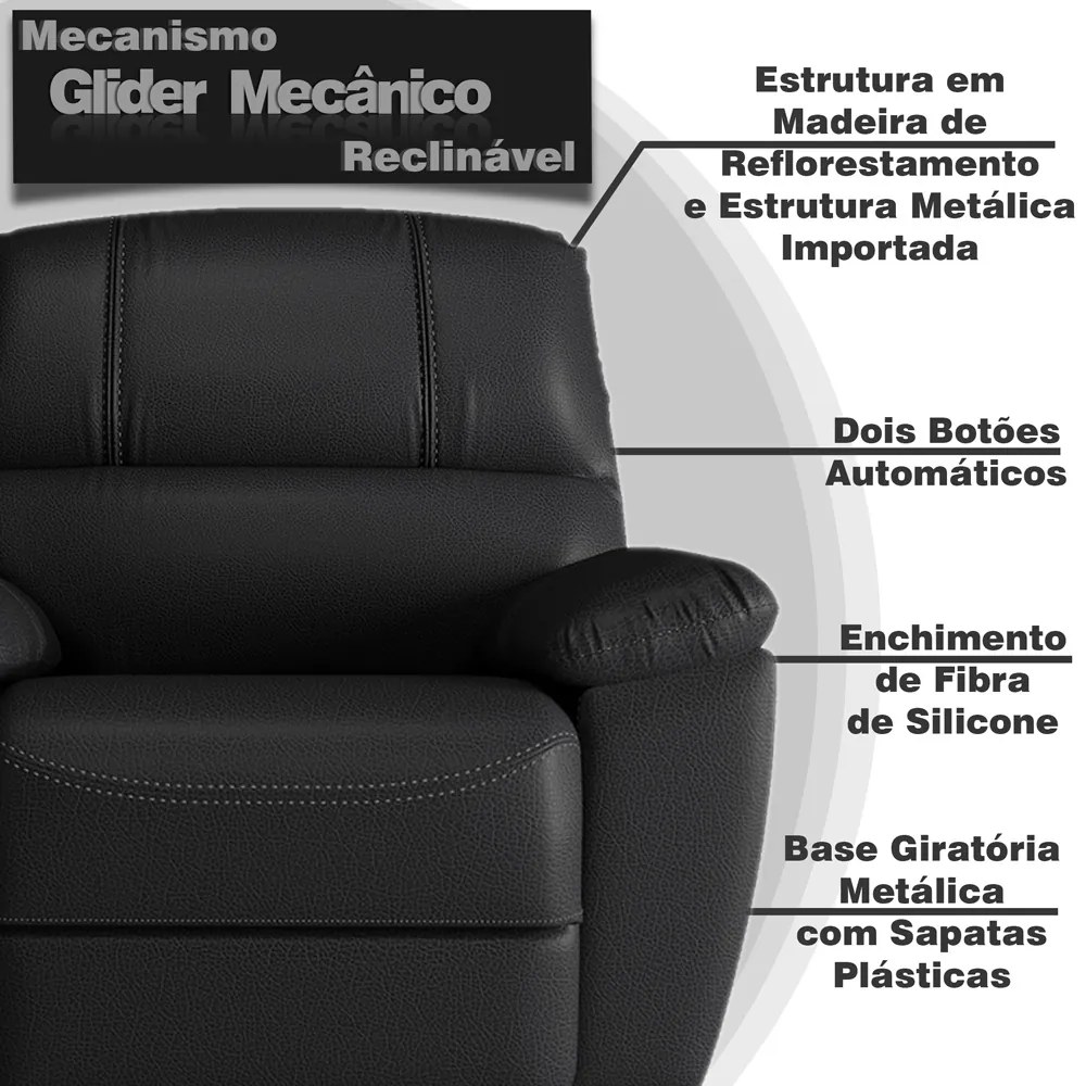 Poltrona do Papai Reclinável Giratória Glider Mecânico Armênia Couro Preto G40 - Gran Belo