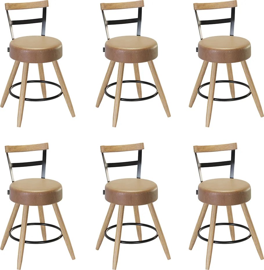 Banqueta Baixa Cozinha 50cm Encosto Pé Madeira Kit 6 Kyara Pu S02 - D'Rossi - Caramelo