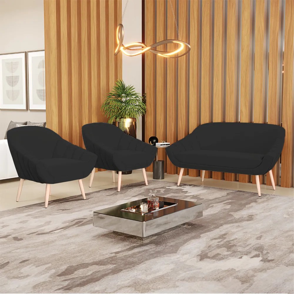 Kit 01 Namoradeira 02 Lugares e 02 Poltronas Giovana Veludo Pés Palito Natural - Indo Decorar - Preto