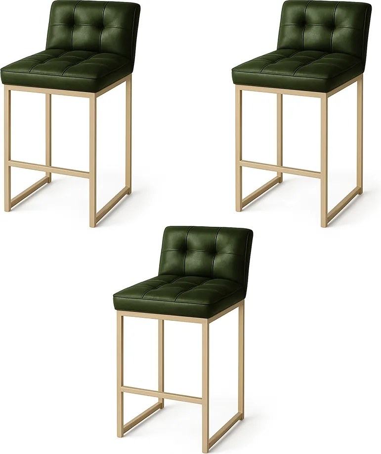 Banqueta Cozinha Alta com Encosto Industrial Kit 3 Champanhe Lirina PU Verde C05 - D'Rossi