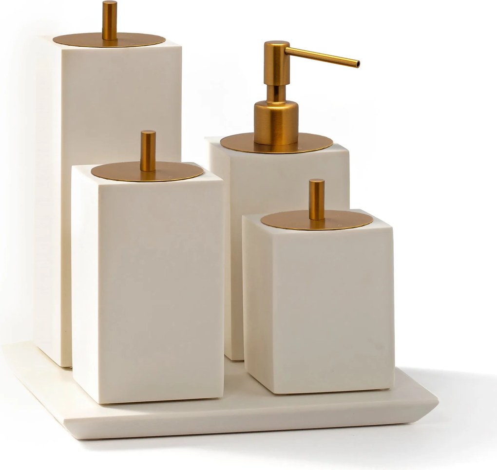 Conjunto Banheiro 4 Pçs Resina - Off White Fosco - Ouro Escovado  Off White Fosco - Ouro Escovado