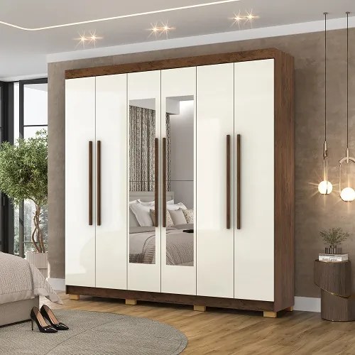 Guarda Roupa Com Espelho Elegance 6 Portas Imbuia/Champanhe - Vila Rica Móveis