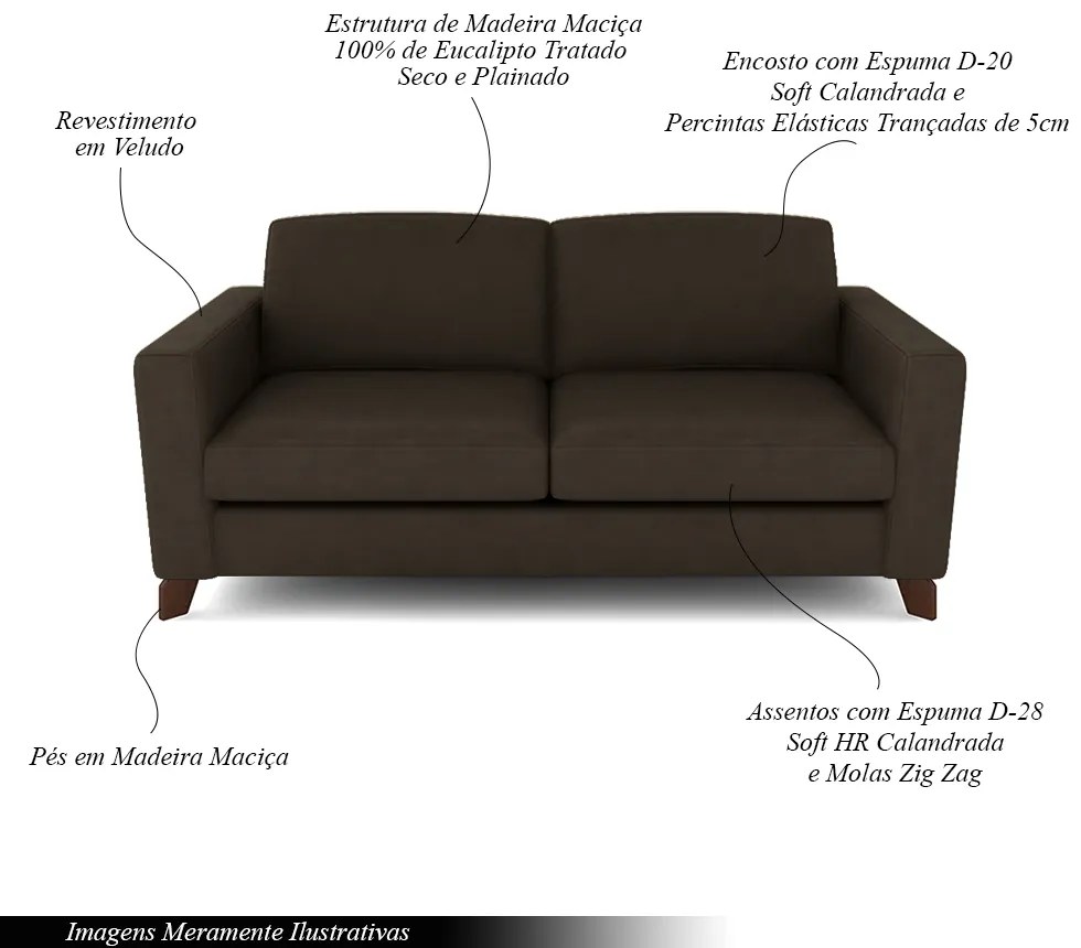 Sofá Sala de Estar Living 3 Lugares 200cm Presley Pés Madeira Veludo Marrom G52 - Gran Belo
