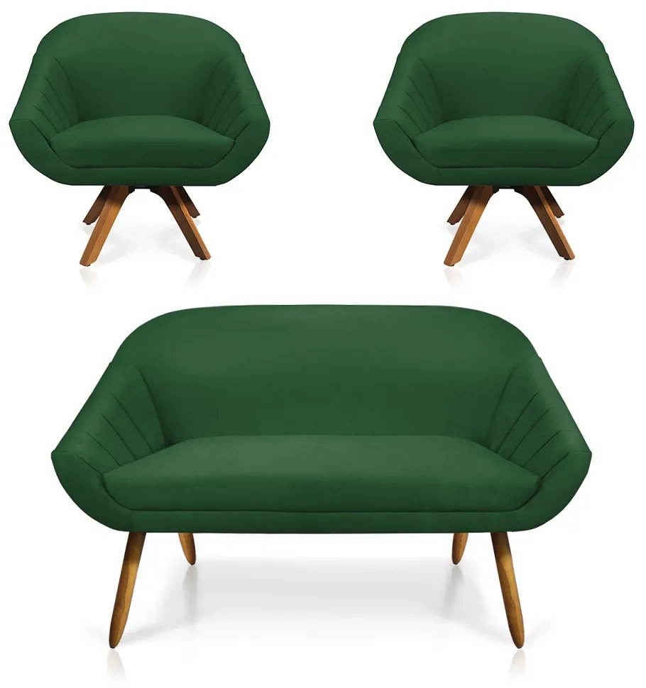 Kit 01 Namoradeira 02 Lugares e 02 Poltronas Giratória Giovana Suede Base Madeira MM30 - D'Rossi - Verde
