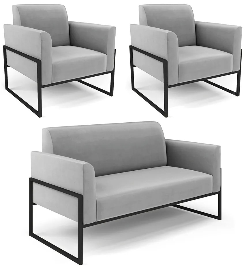 Sofá Namoradeira com 2 Poltronas Base Industrial Alta Preto Marisa Suede D03 - D'Rossi - Cinza