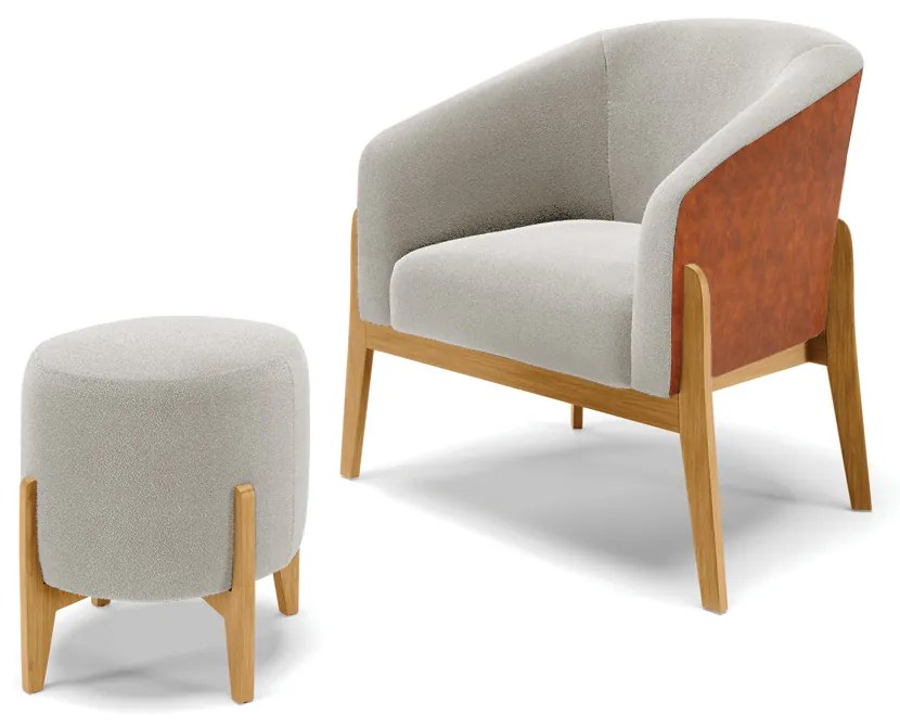 Poltrona e Puff Decorativo Base Madeira Stella PU Nozes/Bouclê D03 - D'Rossi - Cinza