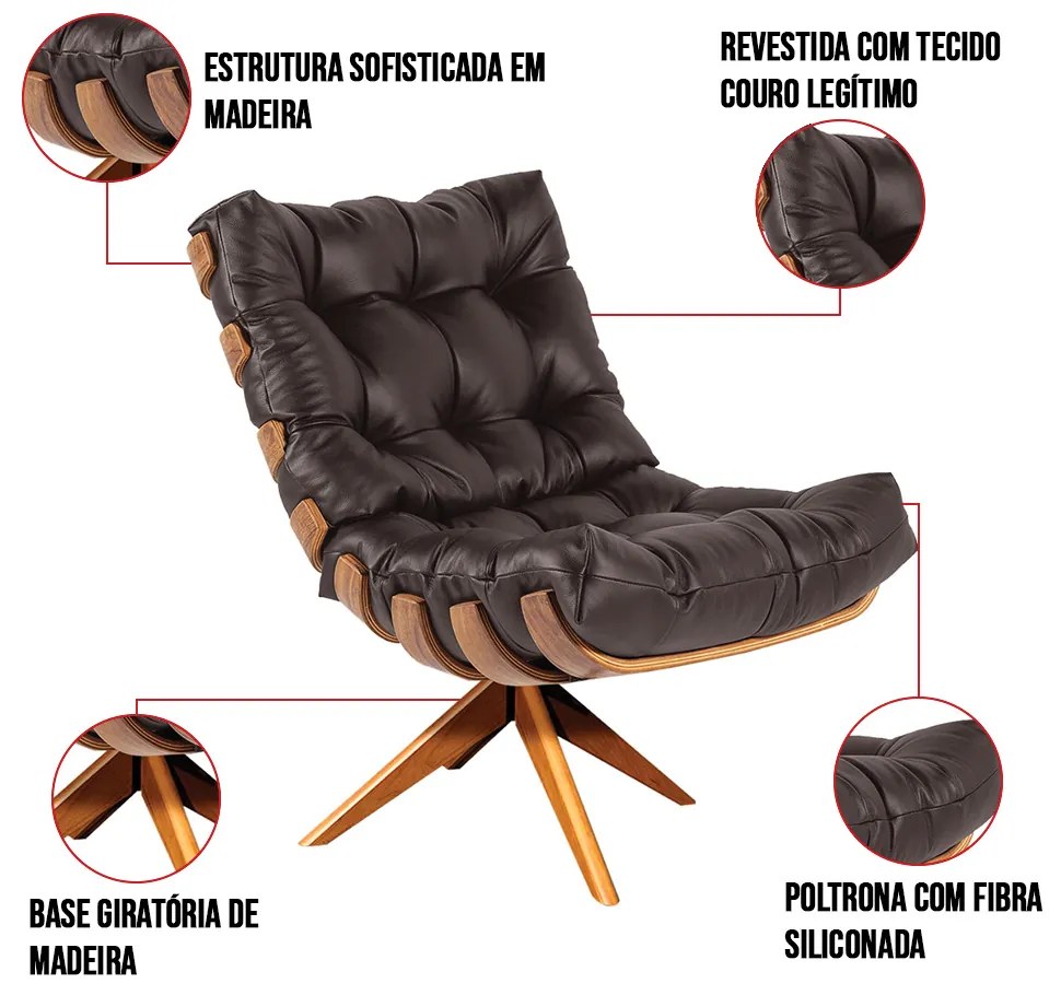 Poltrona com Puff Giratório Costela Couro Marrom Base de Madeira MA30 M11 - D'Rossi