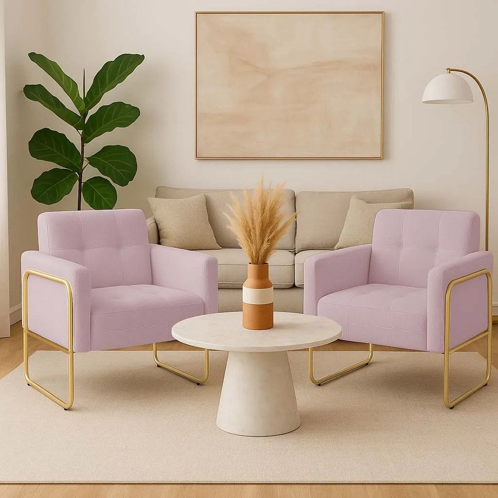 Poltrona Sala Industrial Alta Tubo Dourado kit 2 Elisa Bouclê D03 - D'Rossi - Rose