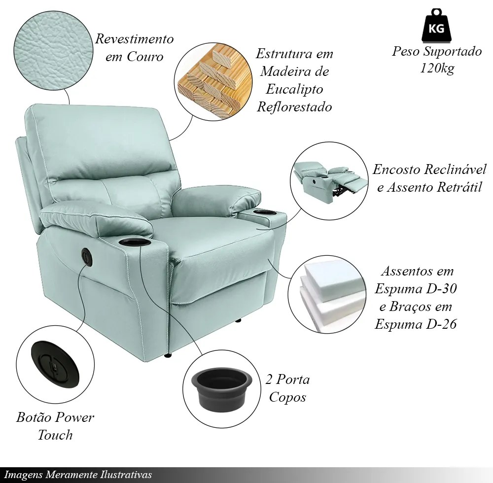Poltrona do Papai Sala de Cinema Reclinável Mia Power Elétrico Base Fixa Couro Azul Claro G40 - Gran Belo