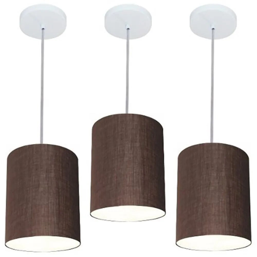 Kit/3 Lustre Pendente Cilíndrico Md-4012 Cúpula em Tecido 18x25cm Café - Bivolt