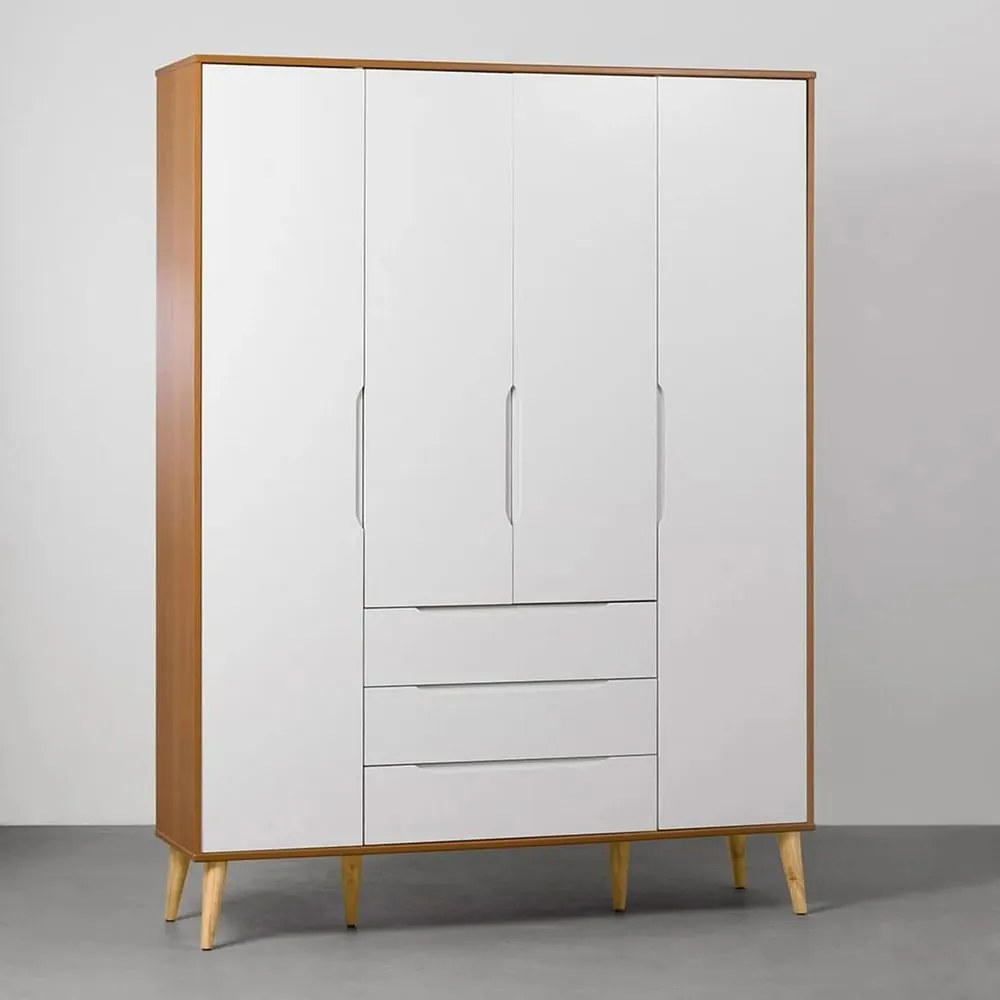 Guarda-Roupa Elfe 4 Portas e 3 Gavetas com Pés Retrô Natural – Branco Fosco e Savana