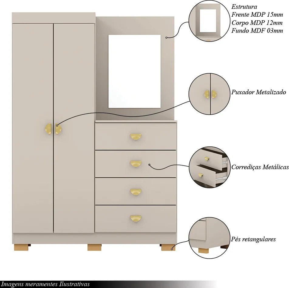 Cômoda Roupeiro Allure 4 Gavetas 1 Espelho 2 Portas com Prateleiras MDF Fendi G98 Gran Belo