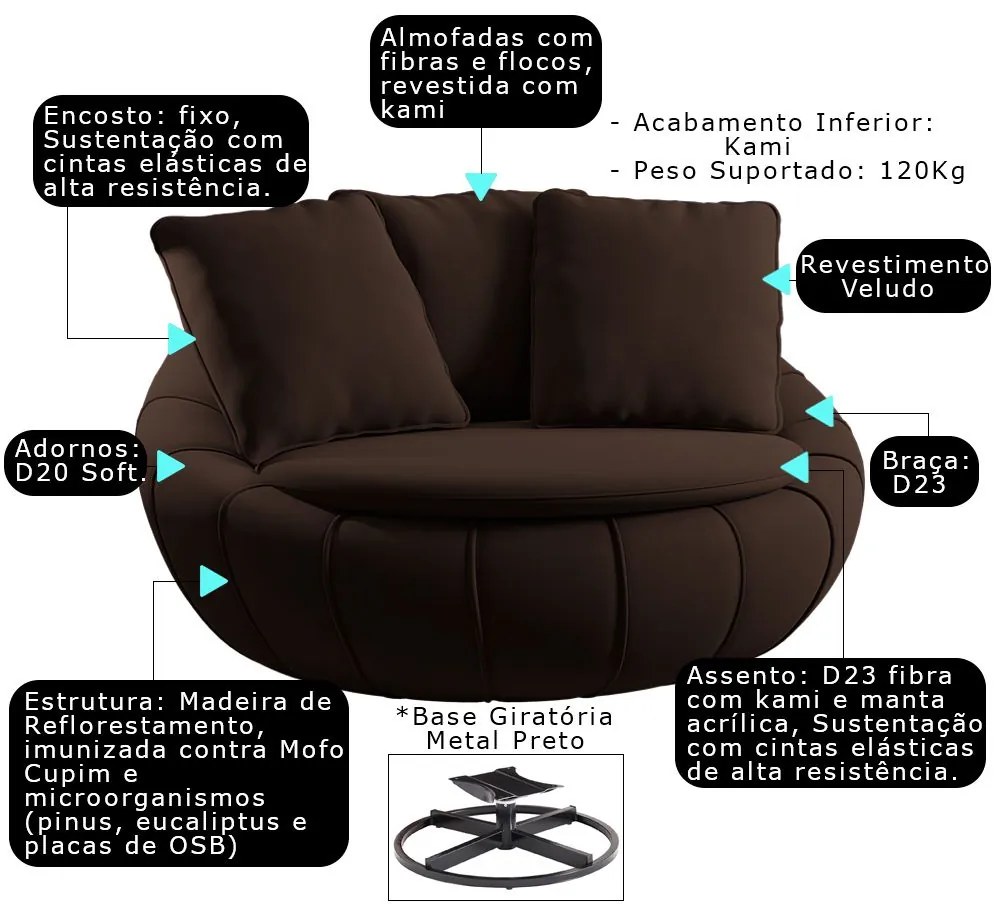 Kit 2 Poltronas Decorativas Giratória Sala de Estar Afrodite Veludo Marrom G45 - Gran Belo